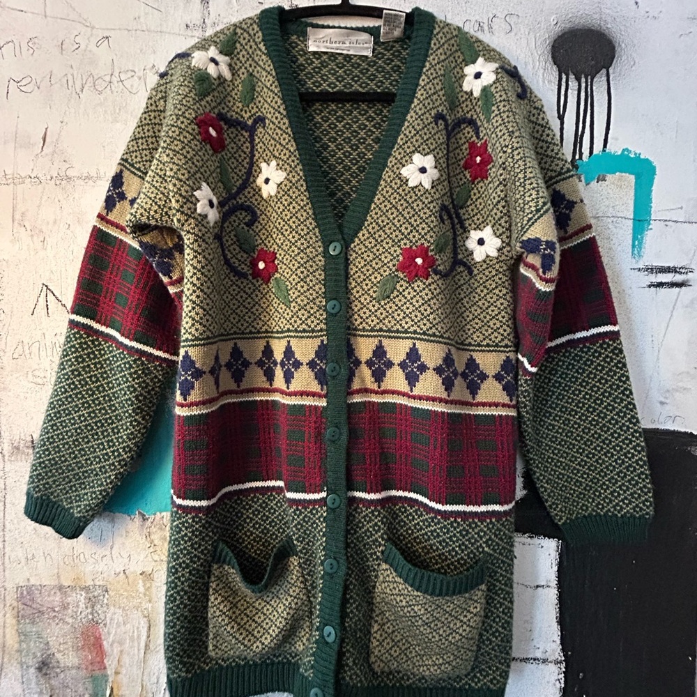 Green and Red Floral Knit Cardigan